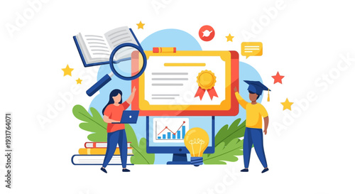 E-learning Certification Success: Students Achieve Online Graduation Diploma. Digital Education, Knowledge Acquisition, and Academic Achievement Vector Illustration.
