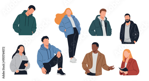Diverse modern people group set. Faceless male and female characters in casual and streetwear fashion. Isolated flat vector illustration collection for UI/UX.