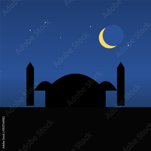 Silhouette of a mosque under a starry night sky with a crescent moon shining brightly above its domes and minarets