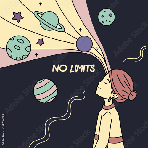 a character whose head opens into a star-filled universe with planets orbiting, surreal conceptual illustration, dark background, include text ‘NO LIMITS’