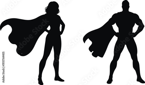 Black silhouette of male and female superheroes with capes, powerful man and woman hero standing in brave pose vector illustration.
