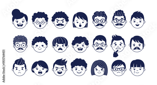 Diverse Human Facial Expressions Avatars Set Outline Icons Vector Characters Emotions Moods
