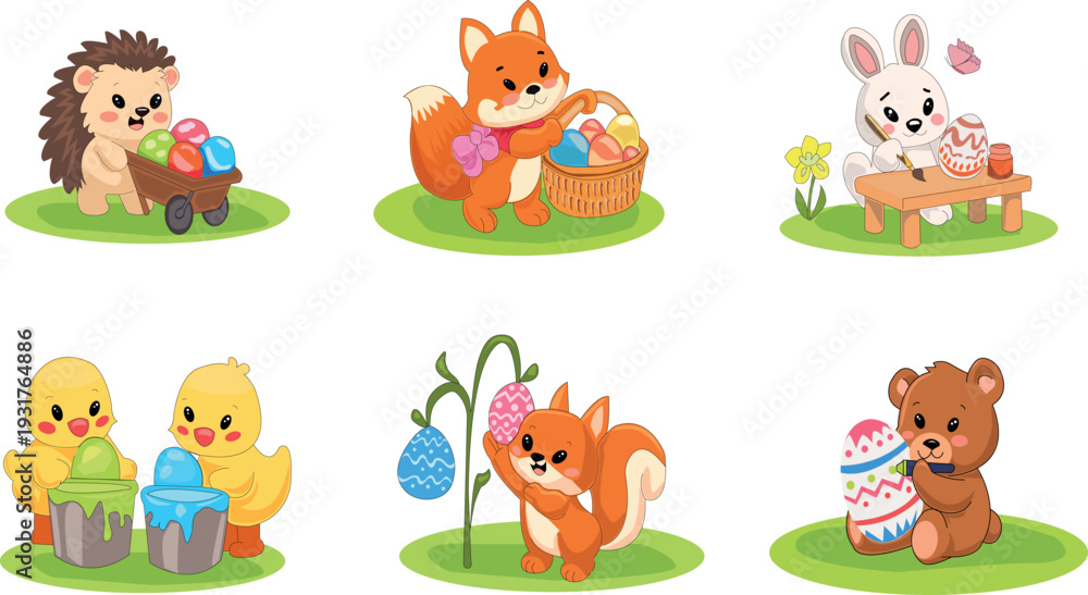 Fototapeta premium Cute Easter animals collection with bunny, hedgehog, squirrel, chicks and bear decorating colorful Easter eggs. Adorable spring holiday vector illustrations in flat cartoon style for kids design