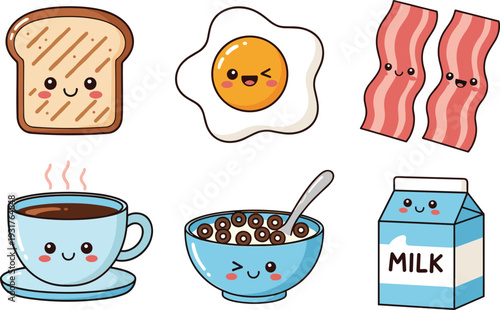Cute Kawaii Breakfast Food Vector Set with Toast Fried Egg Bacon Coffee Cereal Bowl and Milk Carton Cartoon Illustration.