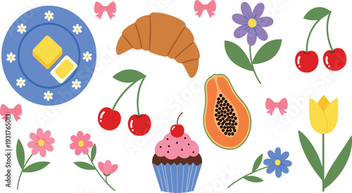 Cute Food and Flower Icon Set with Croissant Cupcake Papaya Cherries Breakfast Plate and Floral Elements for Kids Menu and Spring Design.