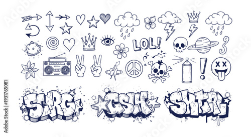 Dynamic Hand-drawn Doodle Elements Set Urban Street Art Graffiti Vector Collection