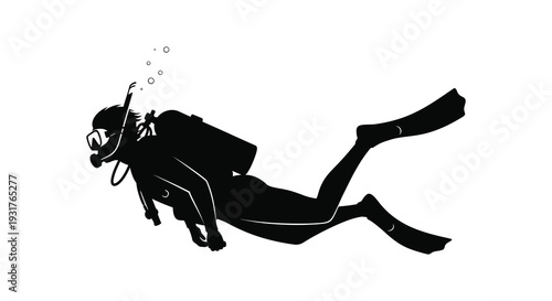 A black silhouette of a scuba diver swimming underwater bubbles rising around showcasing a dynamic pose silhouette high quality professional detailed