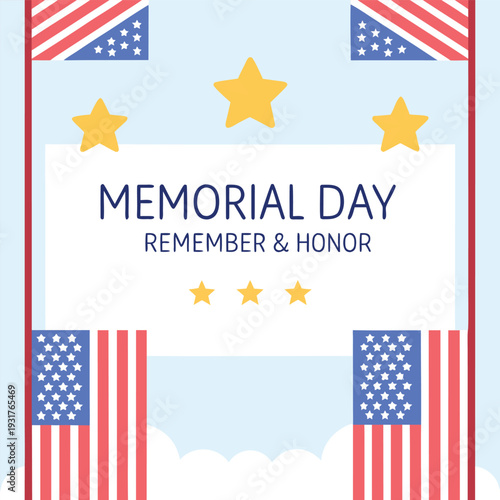 Memorial day remembrance graphic with american flags stars and patriotic text design high quality professional detailed