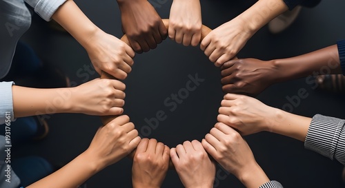 Grupo de personas multiétnicas uniendo sus manos en círculo, fondo negro.
 Muchas manos de diferentes razas y etnias.
