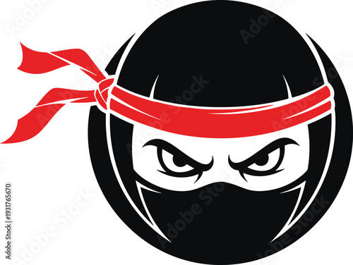 Black Ninja Mascot Head Vector Illustration Wearing a Red Headband and Mask with Intense Eyes for Esport Gaming Logo and Martial Arts Design