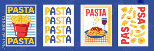 Colorful illustrations of pasta dishes and various shapes on posters  culinary art