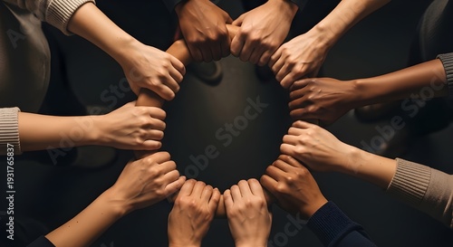 Grupo de personas multiétnicas uniendo sus manos en círculo, fondo negro.
 Muchas manos de diferentes razas y etnias.