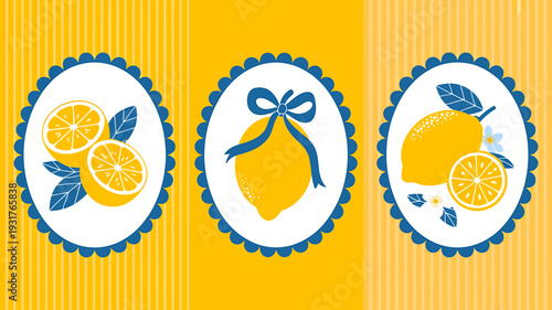 Lemons and slices with leaves on white and blue labels  yellow background