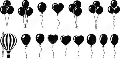 Black balloon silhouettes collection, heart and round helium balloons vector set, birthday party decoration clipart, hot air balloon icon, monochrome celebration design
