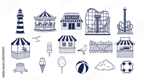 Carnival Fairground and Beach Holiday Icons Hand Drawn Line Art Vector Set