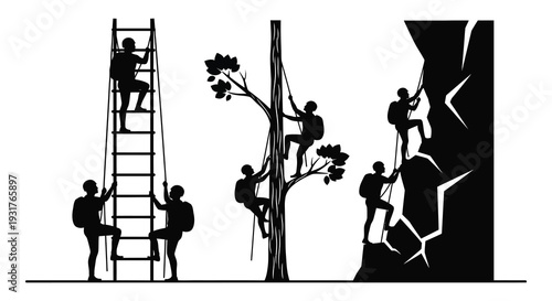 A series of figures ascend climb and support a fractured rock face using varied methods silhouette high quality professional detailed modern