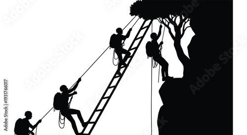 A group of climbers ascend a rope ladder suspended from a tree showcasing teamwork and adventure silhouette high quality professional detailed