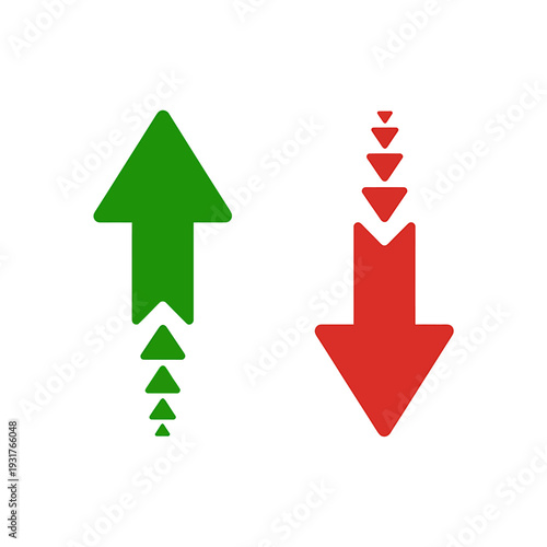 Green up arrow and red down arrow icons with smaller arrows  business concept