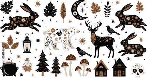 Autumn woodland animal vector set, folk art forest illustration with deer, hare, bear, mushrooms and leaves, boho fall clipart collection, rustic nature design