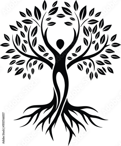 Tree of life symbol featuring human silhouette forming branches and roots in elegant black minimalist vector style. Suitable for wellness branding, yoga studios, spiritual concepts, personal growth th