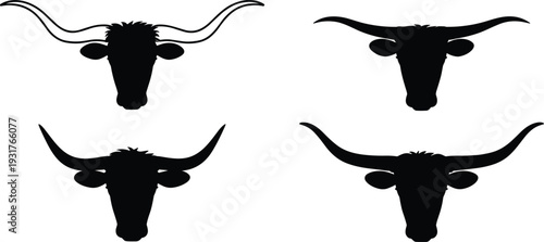 Black silhouette of Texas Longhorn bull heads with large horns, western cattle steer vector icons set for ranch and rodeo.