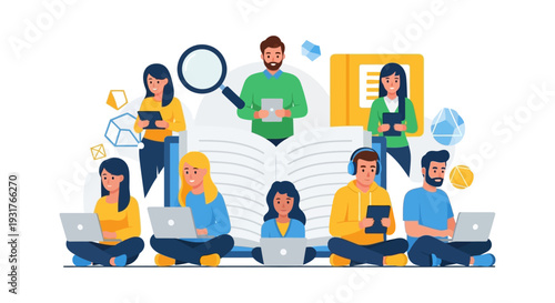E-Learning and Online Education Concept. Group of Diverse Students and Mentor Using Laptops, Tablets, and Digital Devices for Research and Knowledge Study.