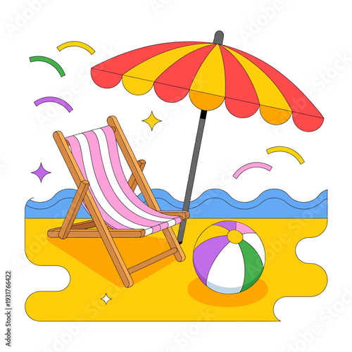 Cartoon beach scene with deck chair umbrella and ball  summer vacation