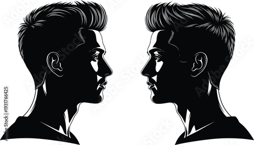 Male face profile silhouette vector, mirrored man head illustration, black and white portrait graphic, symmetrical human side view, minimalist monochrome design
