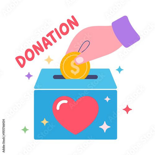 Hand putting coin into donation box with heart on front and colorful sparkles around