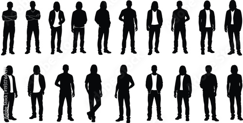 Male silhouette collection vector set, standing men in casual outfits illustration, black human figure poses, isolated monochrome people bundle
