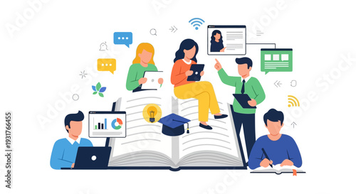 Digital Education and Online Learning Concept. Group of students studying on a giant book with laptops, tablets, and a graduation cap on a white background.