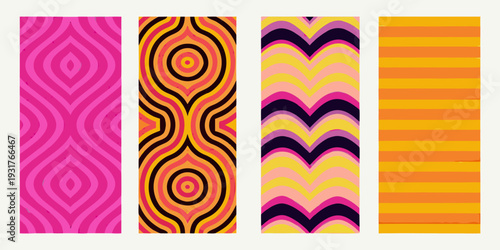 Four vibrant vertically oriented abstract patterned panels displayed side by side
