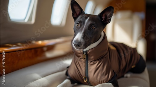 Wallpaper Mural Dog wearing custom fitted protective travel boots and jacket before boarding a small private aircraft, perfect for pet private air travel, dog flight clothing, luxury pet transport, modern pet Torontodigital.ca