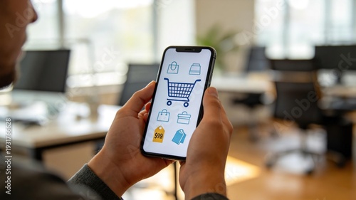 PersonUsingSmartphoneShoppingAppInOffice