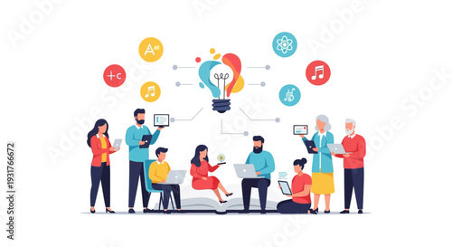 EdTech Collaborative Learning: Diverse Group Sharing Knowledge and Ideas via Digital Devices. Lifelong Education and Innovation Vector Illustration.