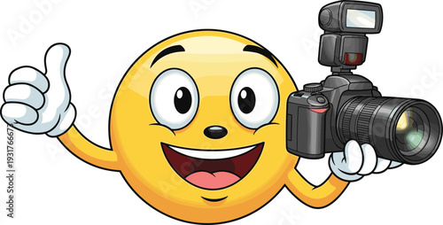 Cheerful yellow emoji photographer character holding a professional DSLR camera with flash giving a thumbs up, isolated vector illustration for photography and media concepts.