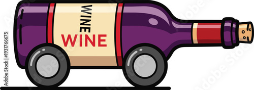 Creative wine bottle car vector illustration on wheels with cork and label for delivery service conceptual design minimalist alcohol beverage transport icon for branding.