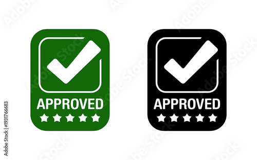 Green and black approved checkmark icons with five star ratings