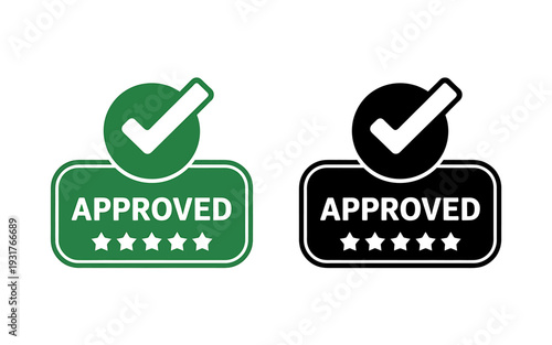 Green and black approved checkmark labels with stars