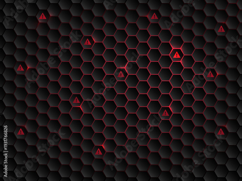 Hexagon security wall breach with red alert icon, digital firewall compromised by hacker attack vector illustration.