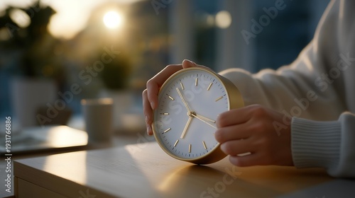 Wallpaper Mural Daylight saving time concept with person adjusting clock forward one hour while spring morning light fills room, perfect for March seasonal change, time adjustment tradition, spring clock change, Torontodigital.ca