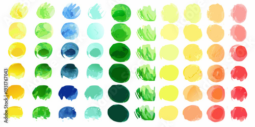 Watercolor paint swatches in varying shades of green yellow and red