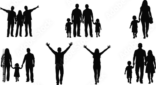 Family group silhouettes collection, parents children social interaction vector illustration, lifestyle unity artwork design graphic - flat vector illustration