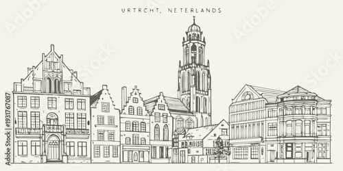 Detailed sketch of utrecht s iconic dom tower and historic buildings