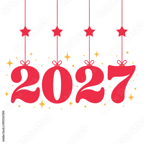 Red Christmas baubles with 2027 and stars on white background