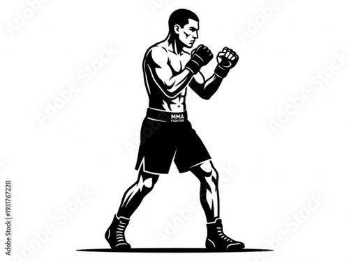 Male MMA Fighter in Combat Stance Illustration - Strong Man Martial Artist Vector Silhouette