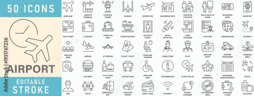 Airport line icon collection. Editable stroke. Vector illustration.

