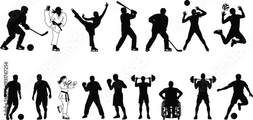Sports silhouettes collection, athletes playing hockey martial arts soccer boxing vector illustration, fitness competition artwork design graphic - flat vector illustration