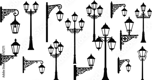 Vintage street lamp and lantern silhouette collection with ornate designs, decorative urban lighting illustration, architectural detail concept, flat vector illustration