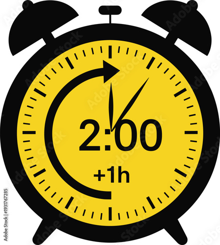 Daylight Saving Time Concept with Black Alarm Clock Icon on Yellow Background Featuring a Clockwise Arrow and Plus One Hour Text for Spring Forward
